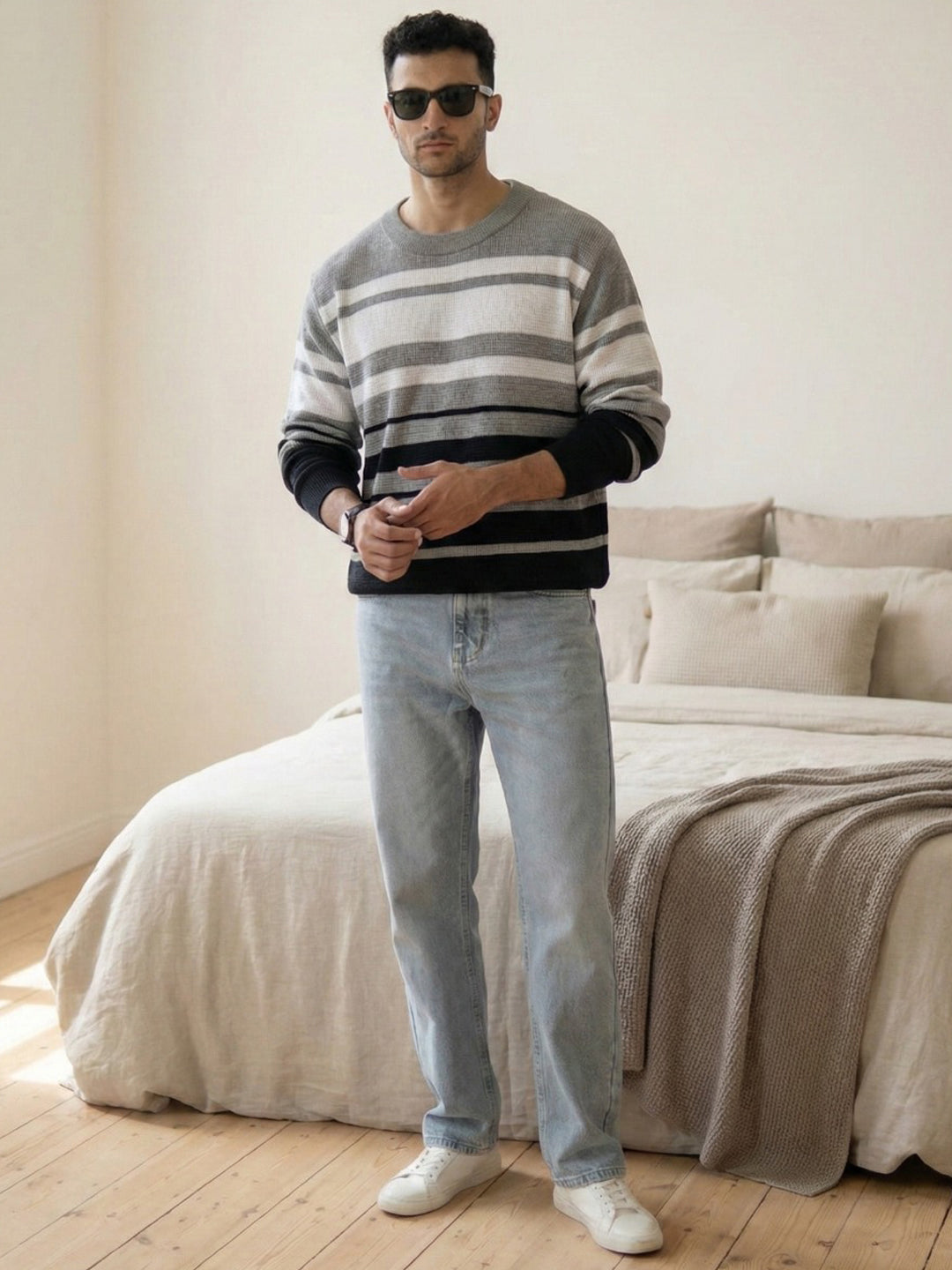 Grey And Black Structured Striped T-Shirt 100% Cotton
