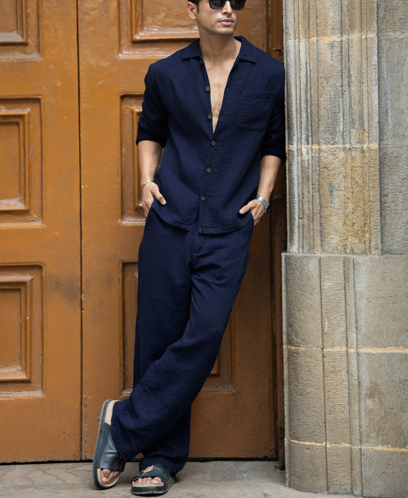 Navy Double Cloth Stripe Co-Ord Set 100% Cotton