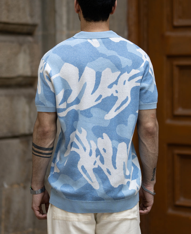 Blue Jacquard Knit T-Shirt 100% Cotton