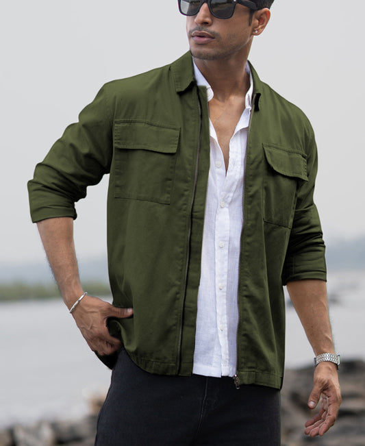 Olive Structured Zipper Overshirt 100% Cotton