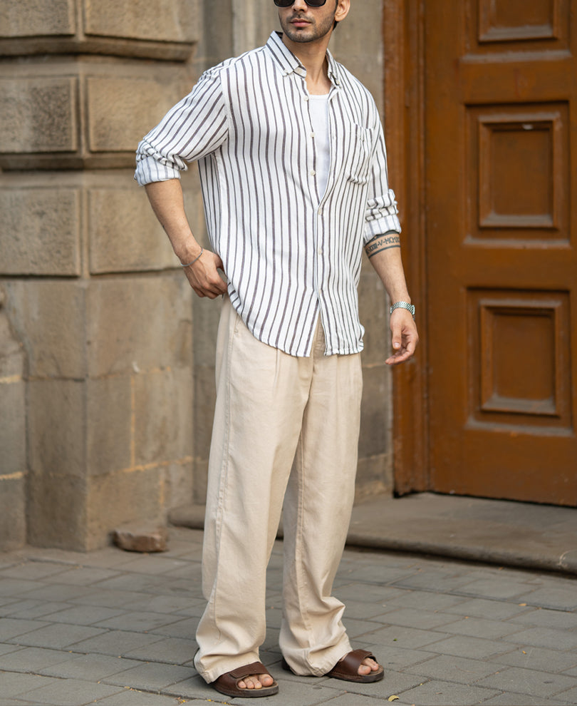 White Linen Blend Stripe Shirt
