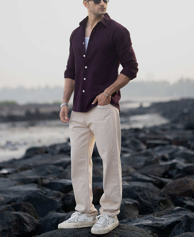 Wine Structured Striped Shirt 100% Cotton