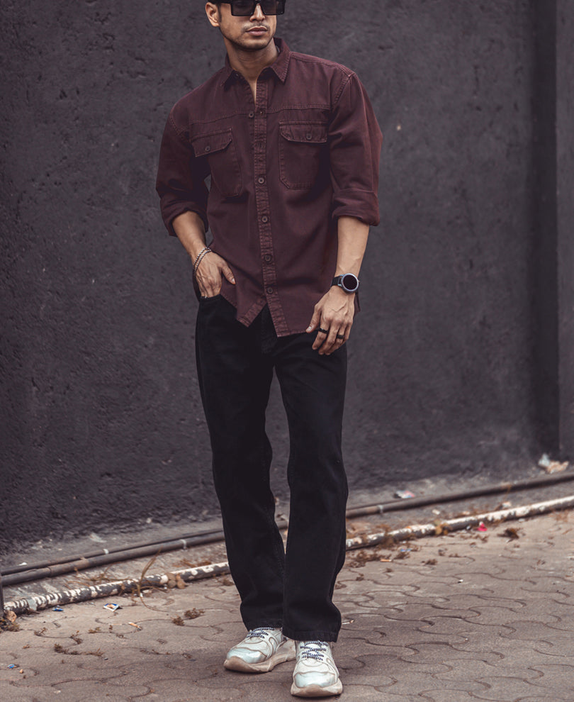 Dark Brown Denim Shacket Full Sleeves Shirt 100% Cotton