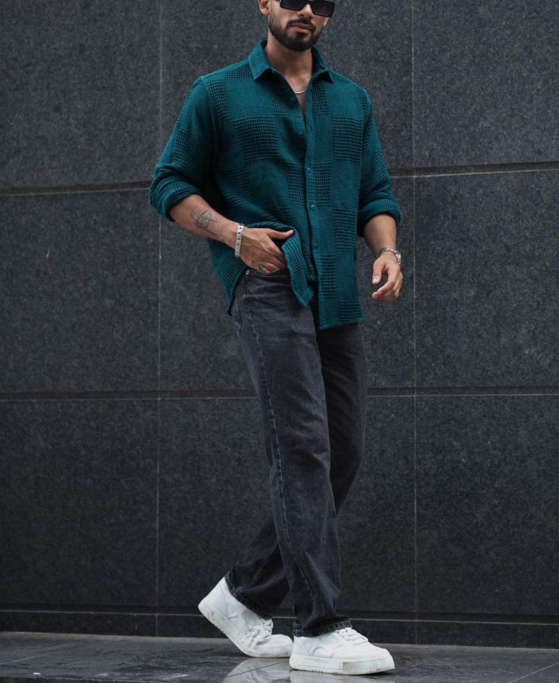Teal Blue Waffle Structure Regular Fit Full Sleeves Shirt