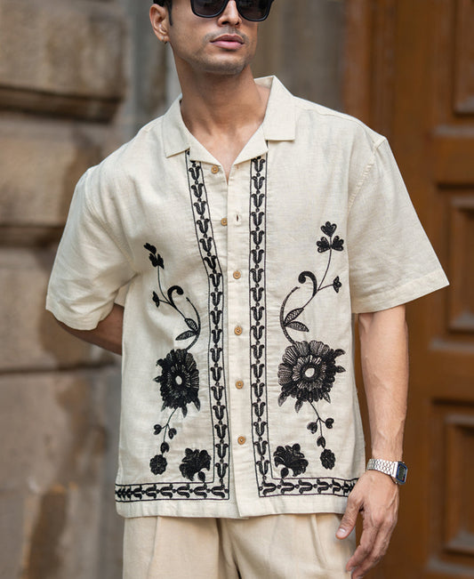 Natural Embroidery Linen Shirt 100% Cotton