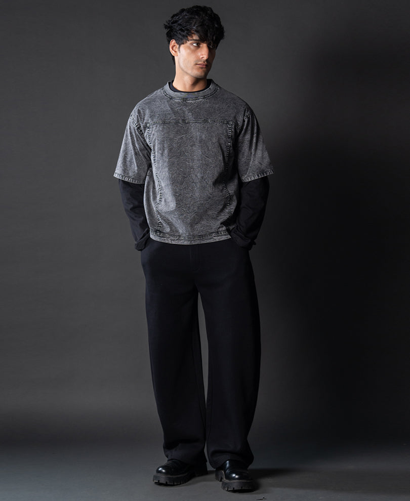 Grey Washed Panelled T-Shirt 100% Cotton
