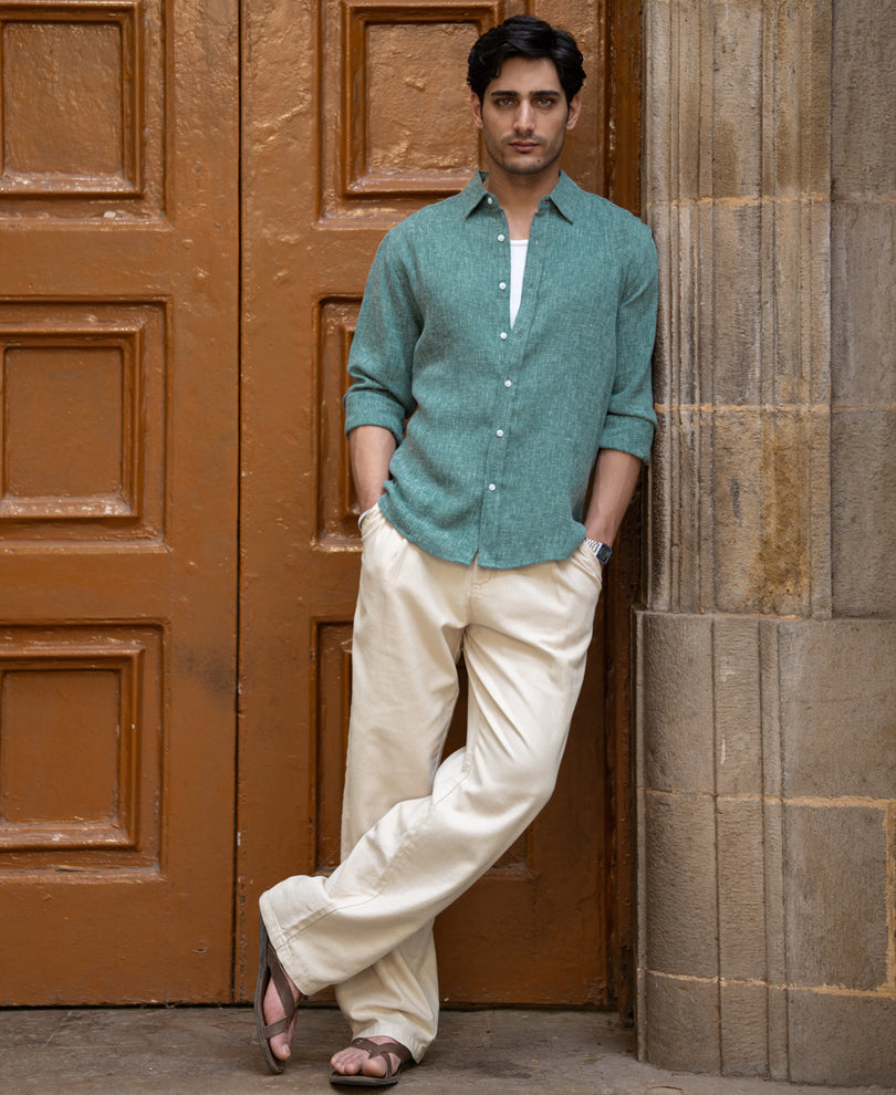 Teal Structured Linen Blend Shirt