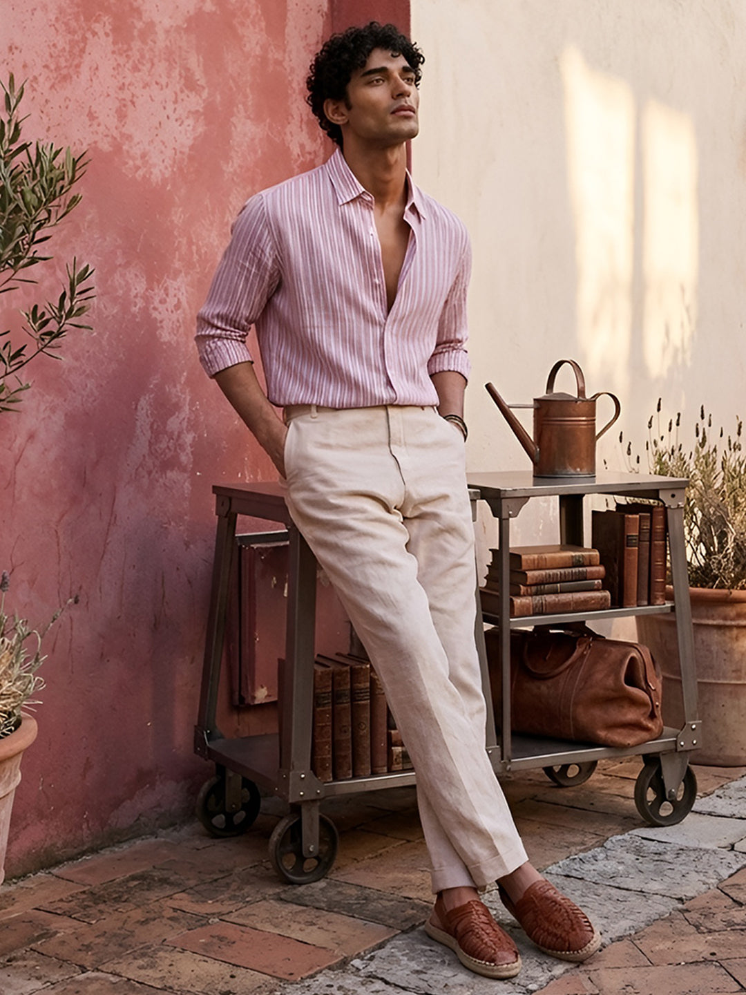 Pastel Pink Linen Blend Stripe Shirt