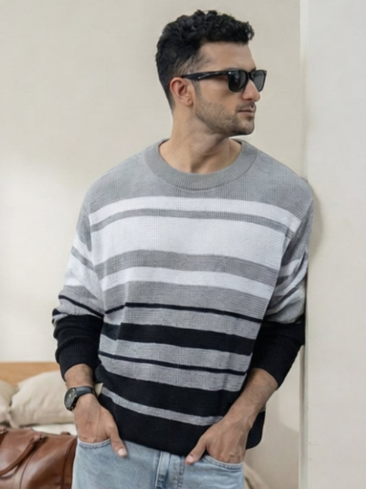 Grey And Black Structured Striped T-Shirt 100% Cotton