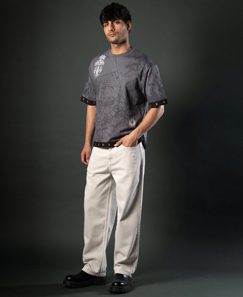 Grey Mahabharata Print T-Shirt 100% Cotton