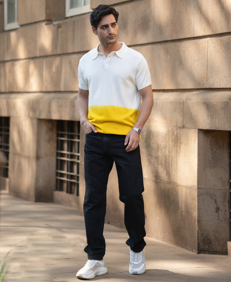 Yellow Ombre Knit Polo T-Shirt 100% Cotton