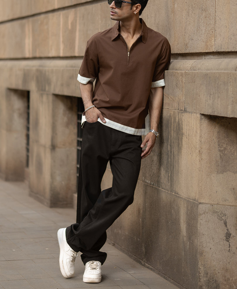 Dark Brown Boxy Fit Zipper Shirt 100% Cotton