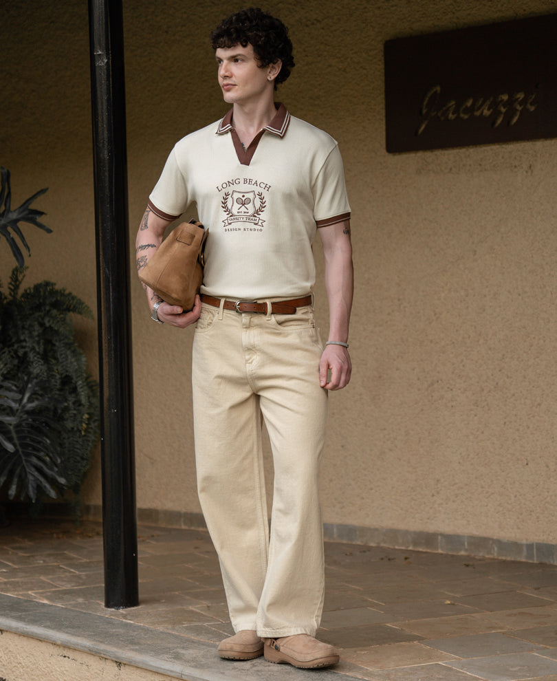 Cream Contrast Embroidery T-Shirt 100% Cotton
