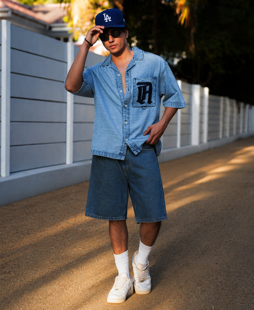Blue Embroidered Denim Shirt 100% Cotton