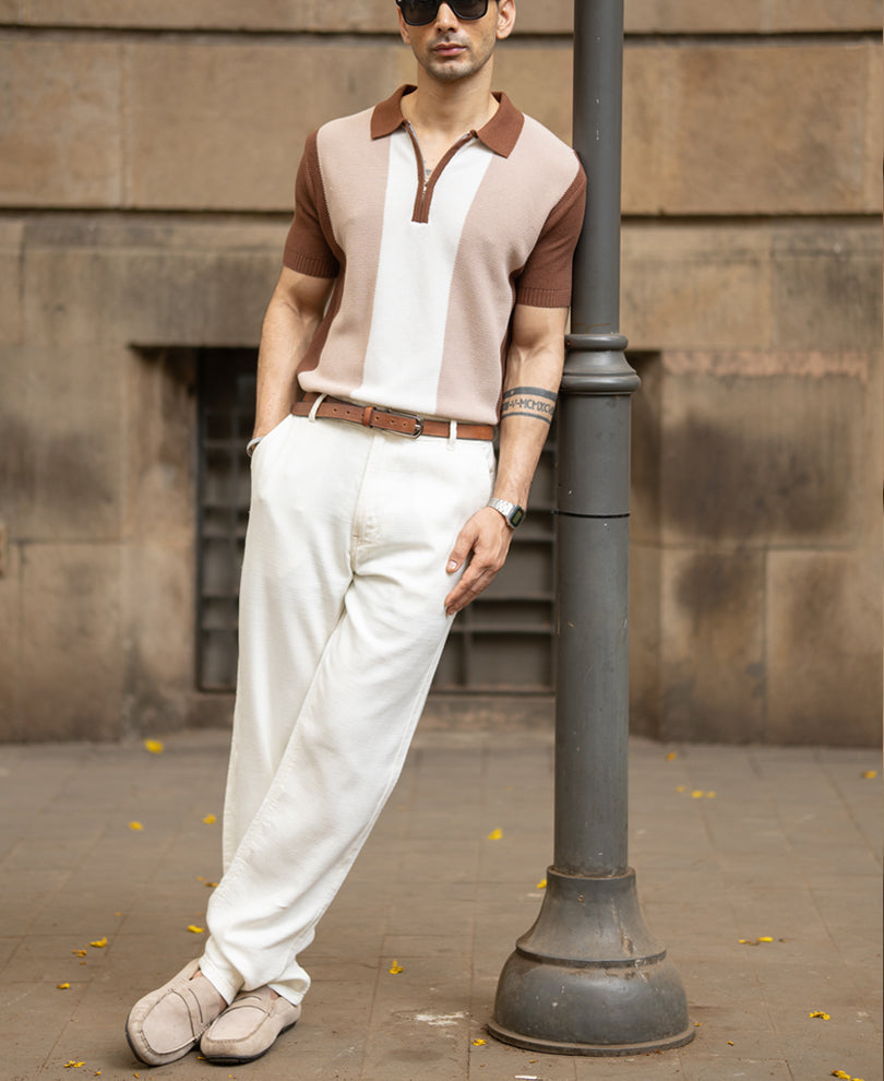 Beige & Brown Knit Stripe T-Shirt 100% Cotton