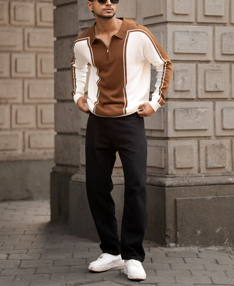 Brown-White Colour Blocked Polo T-Shirt 100% Cotton