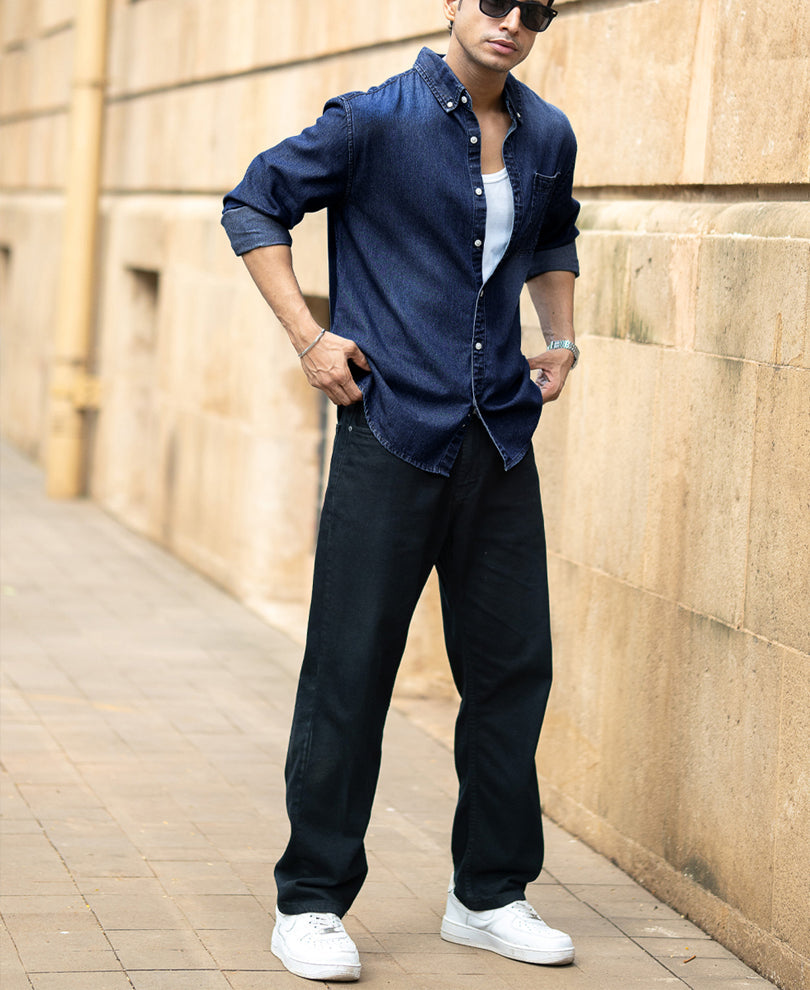Dark Blue Washed Denim Shirt 100% Cotton