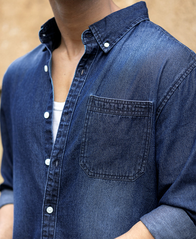 Dark Blue Washed Denim Shirt 100% Cotton