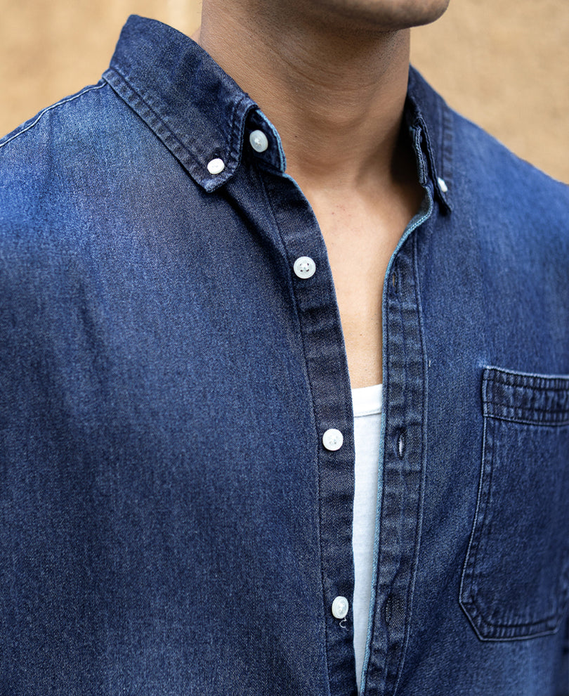 Dark Blue Washed Denim Shirt 100% Cotton