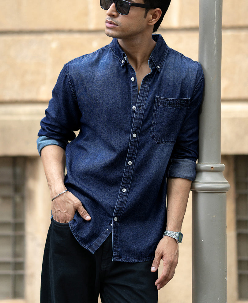 Dark Blue Washed Denim Shirt 100% Cotton