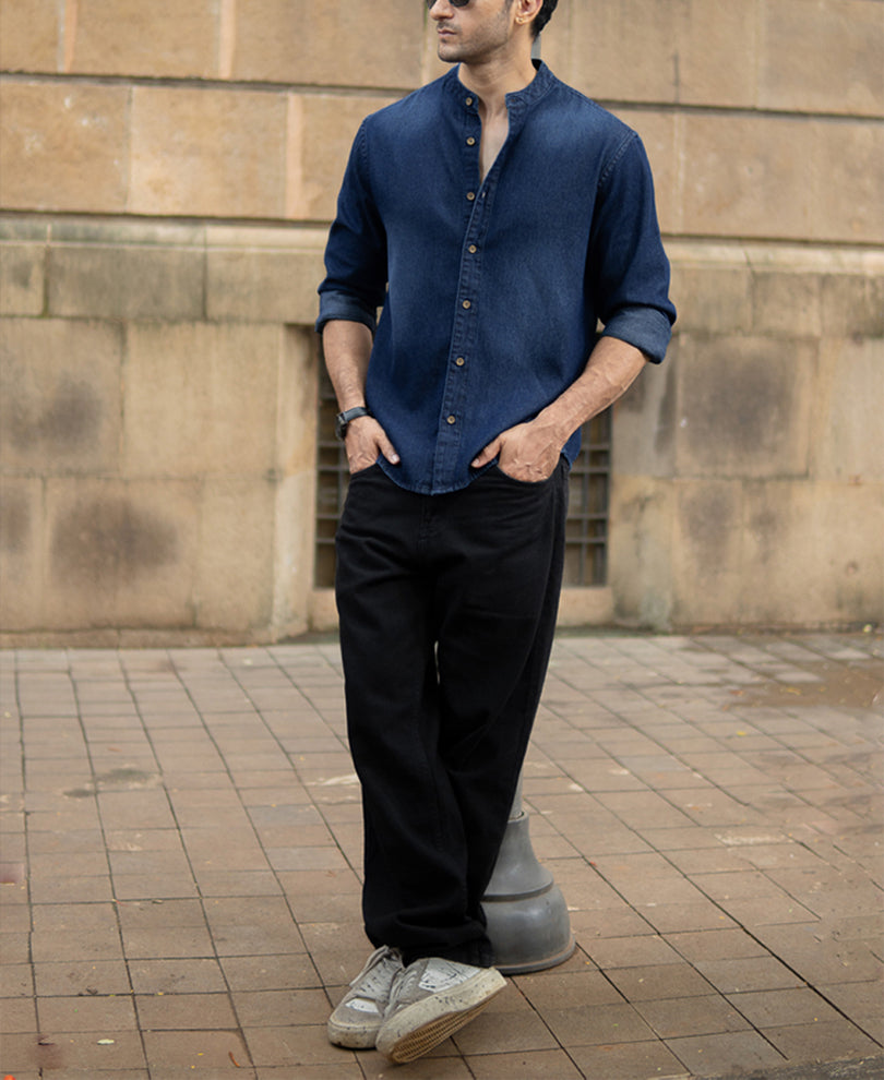 Mandarin Collar Denim Shirt 100% Cotton