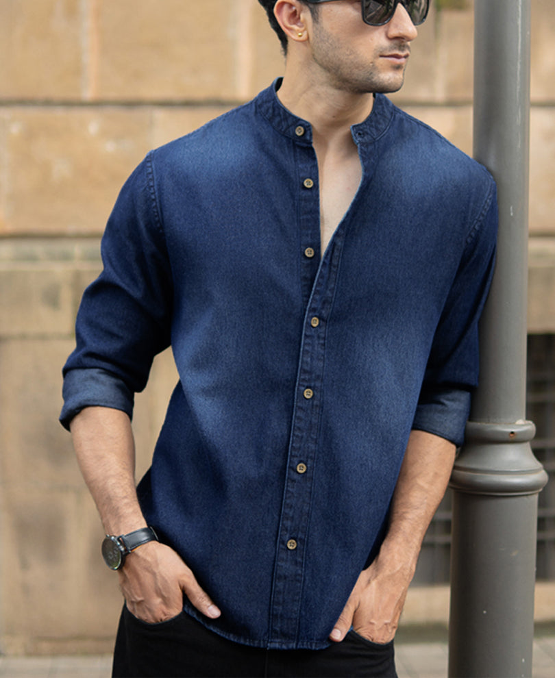 Mandarin Collar Denim Shirt 100% Cotton