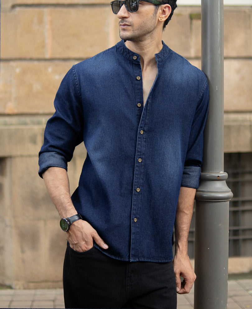 Mandarin Collar Denim Shirt 100% Cotton