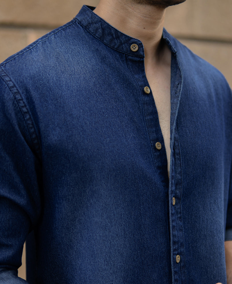 Mandarin Collar Denim Shirt 100% Cotton