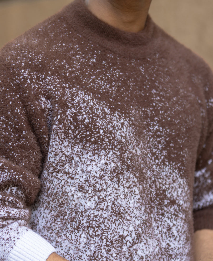 Brown Fuzzy Jacquard Knit T-Shirt