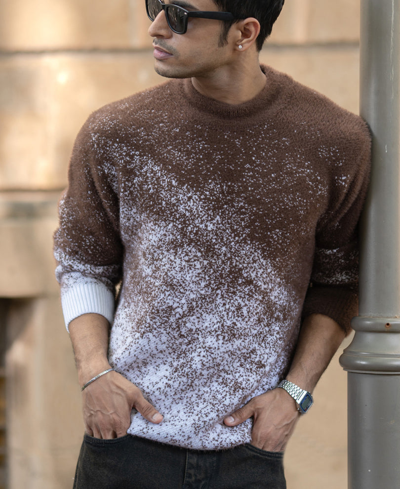 Brown Fuzzy Jacquard Knit T-Shirt