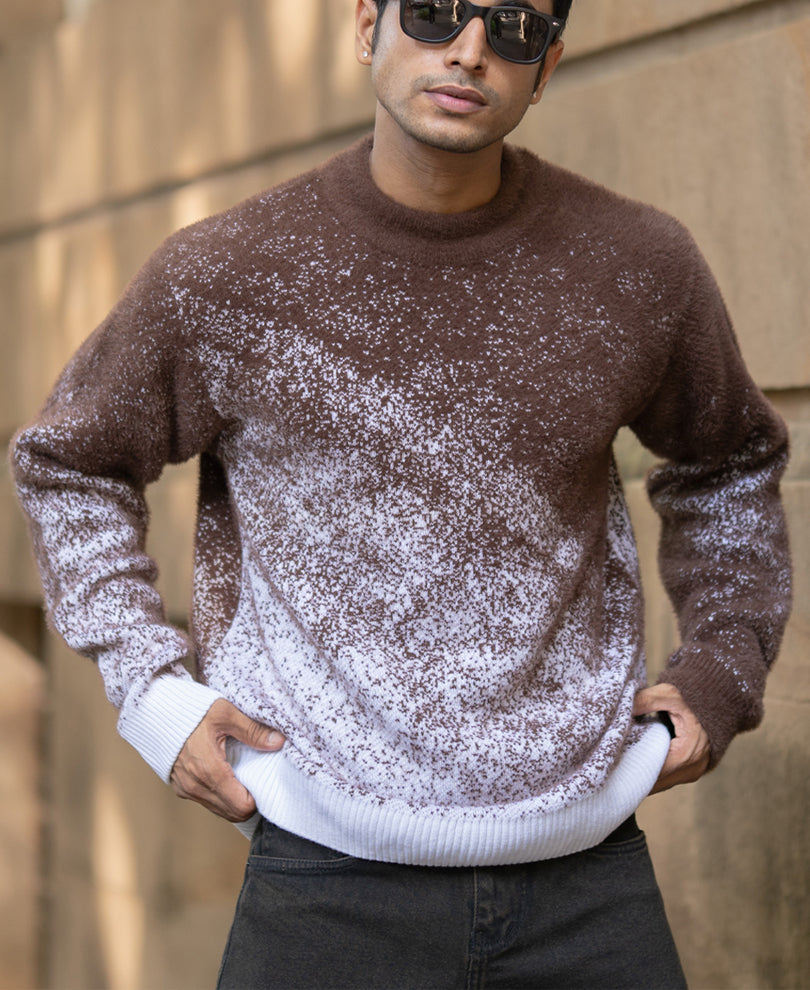 Brown Fuzzy Jacquard Knit T-Shirt