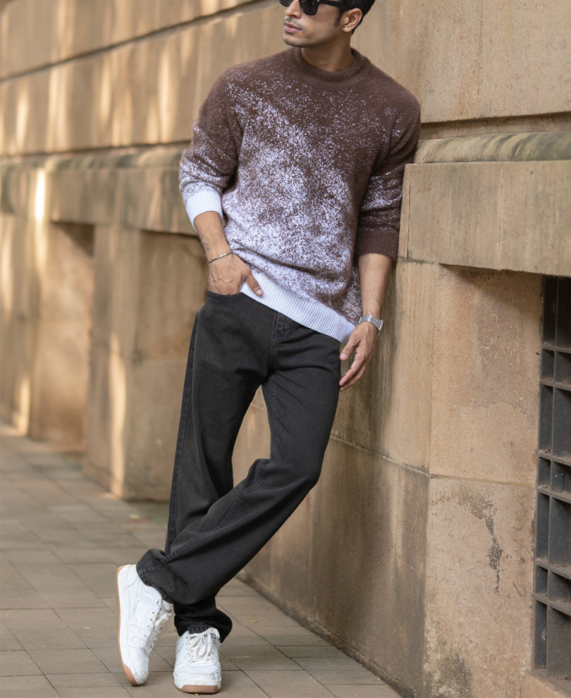 Brown Fuzzy Jacquard Knit T-Shirt