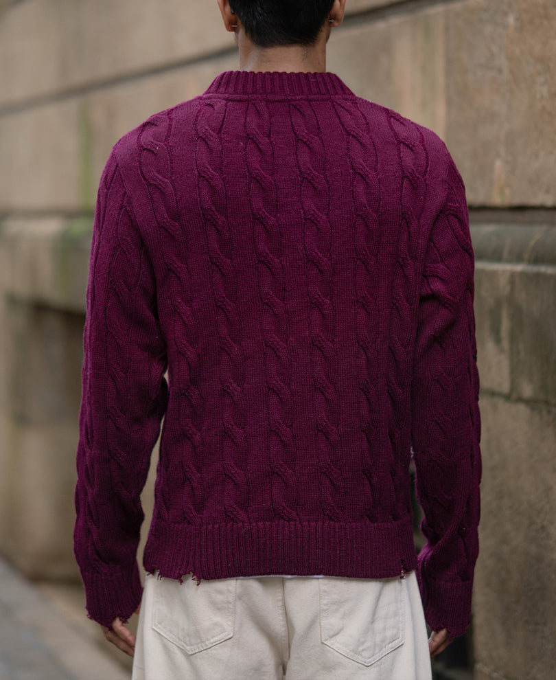 Wine Distressed Cable Knit T-Shirt