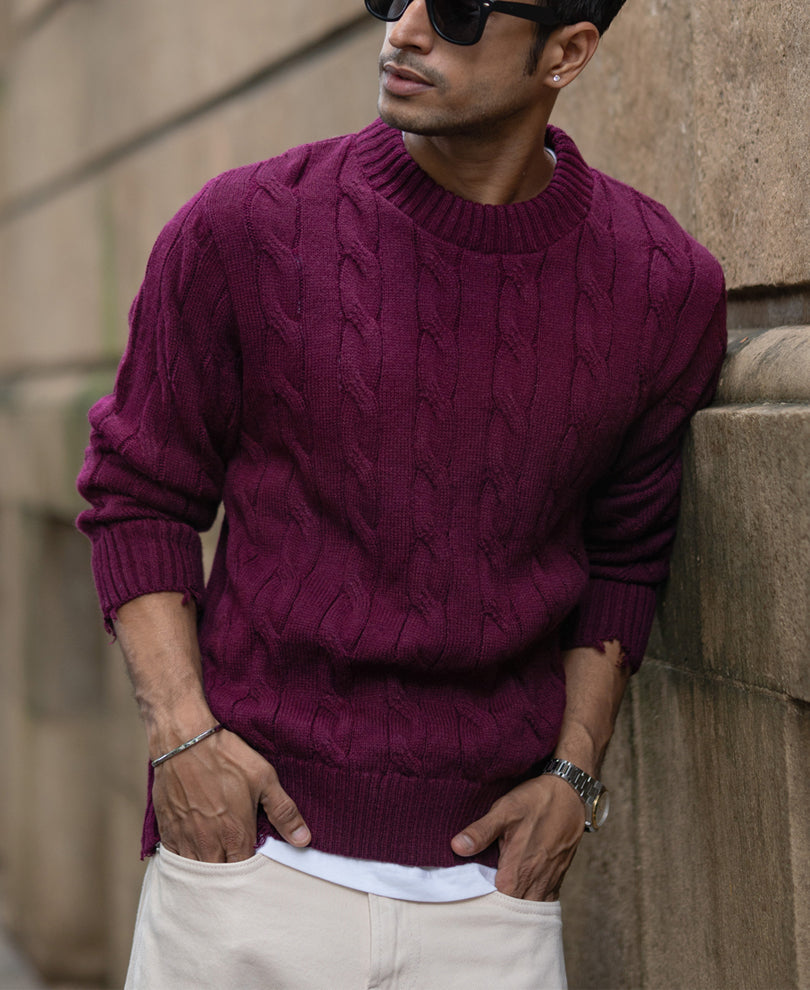 Wine Distressed Cable Knit T-Shirt
