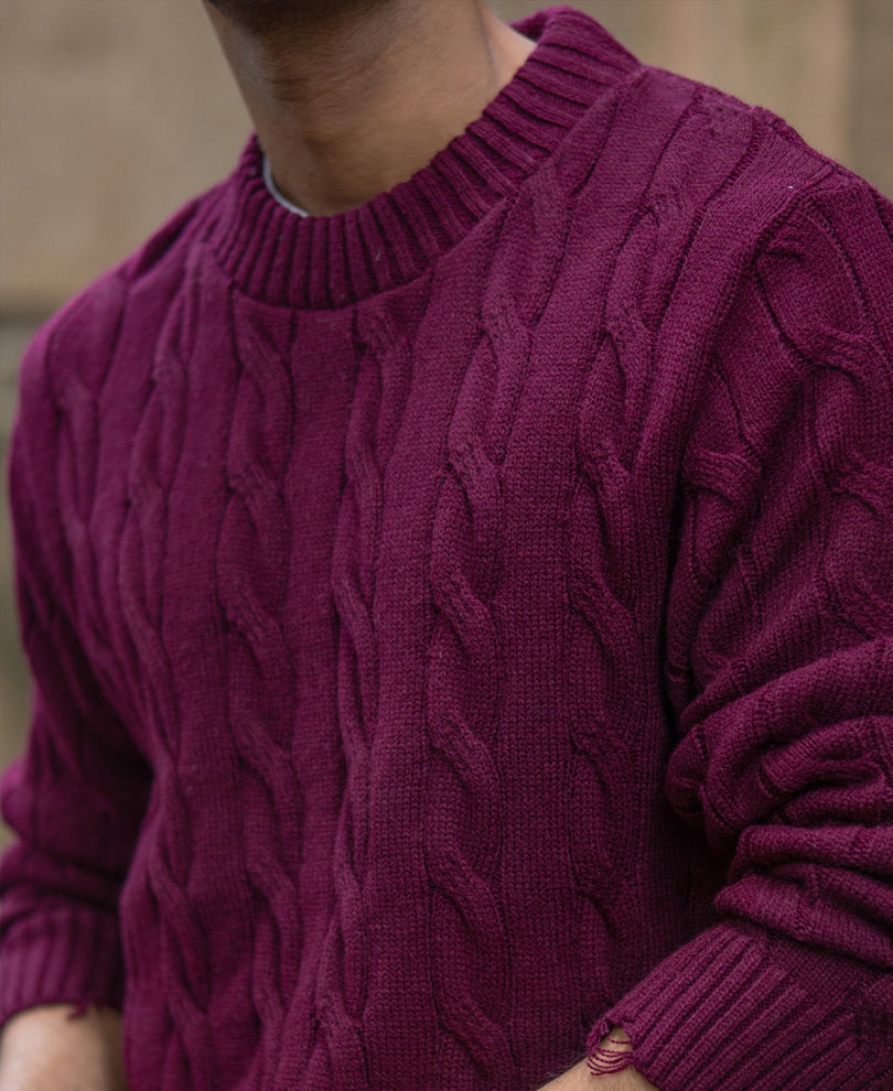 Wine Distressed Cable Knit T-Shirt