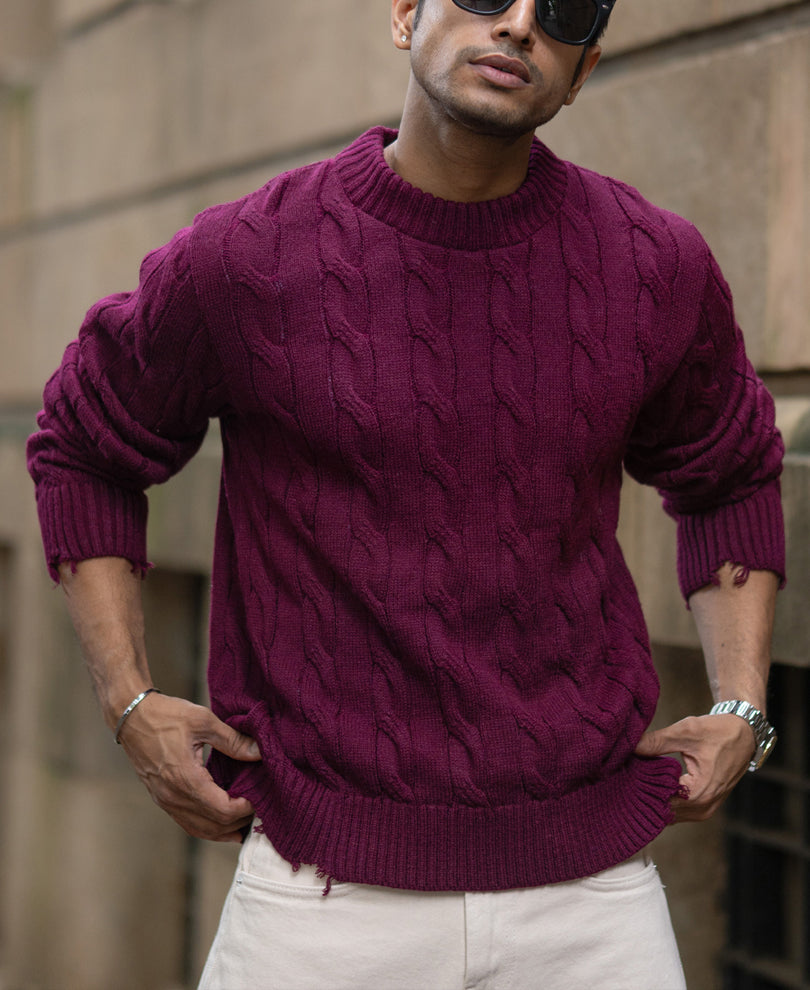 Wine Distressed Cable Knit T-Shirt