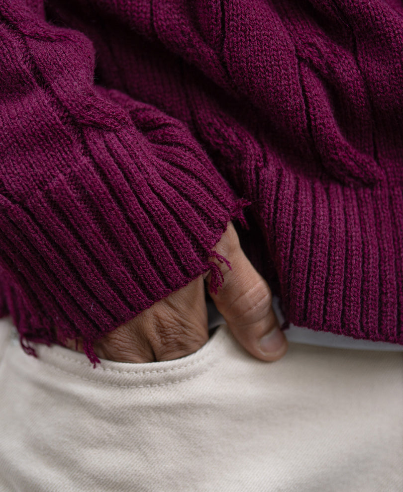 Wine Distressed Cable Knit T-Shirt