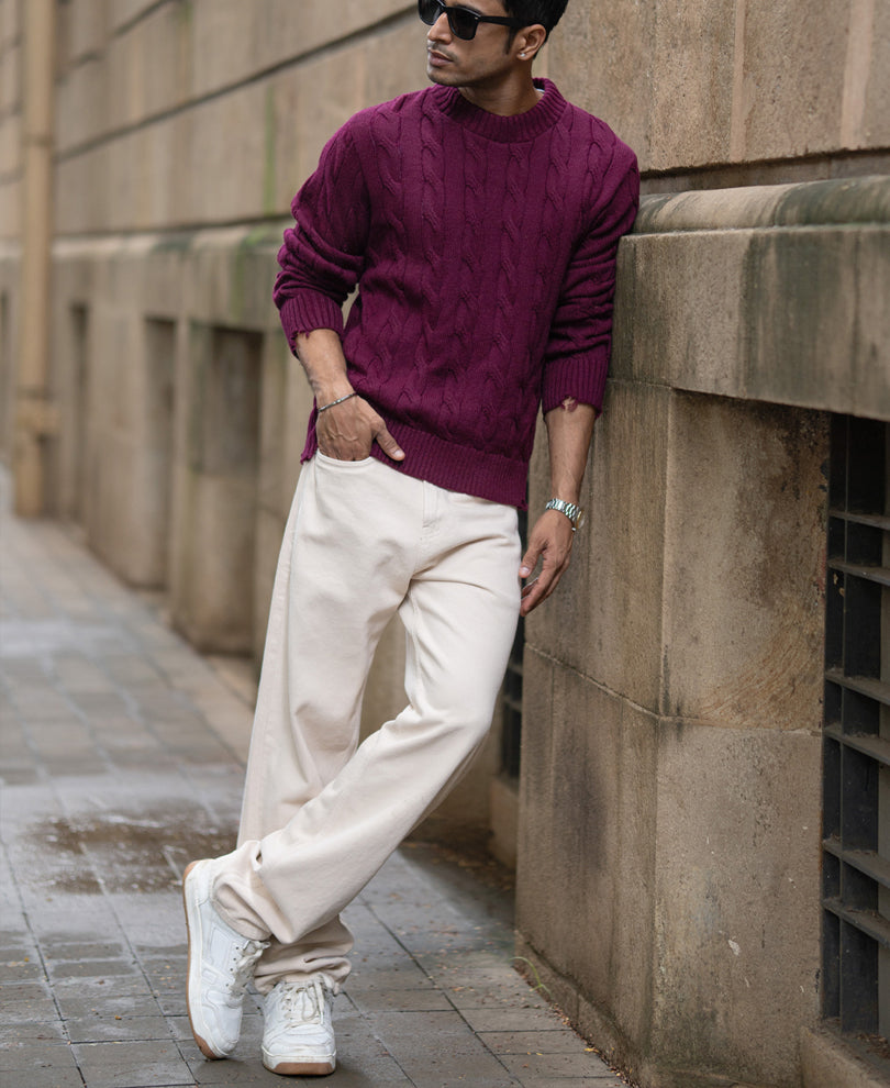 Wine Distressed Cable Knit T-Shirt