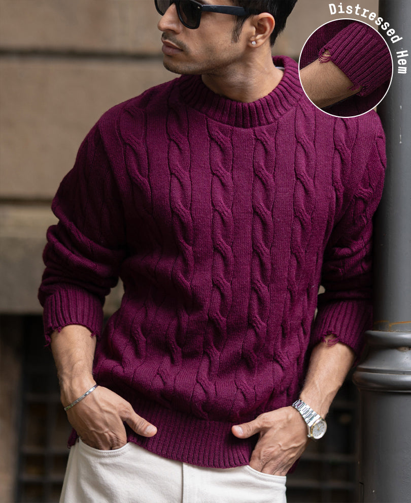 Wine Distressed Cable Knit T-Shirt
