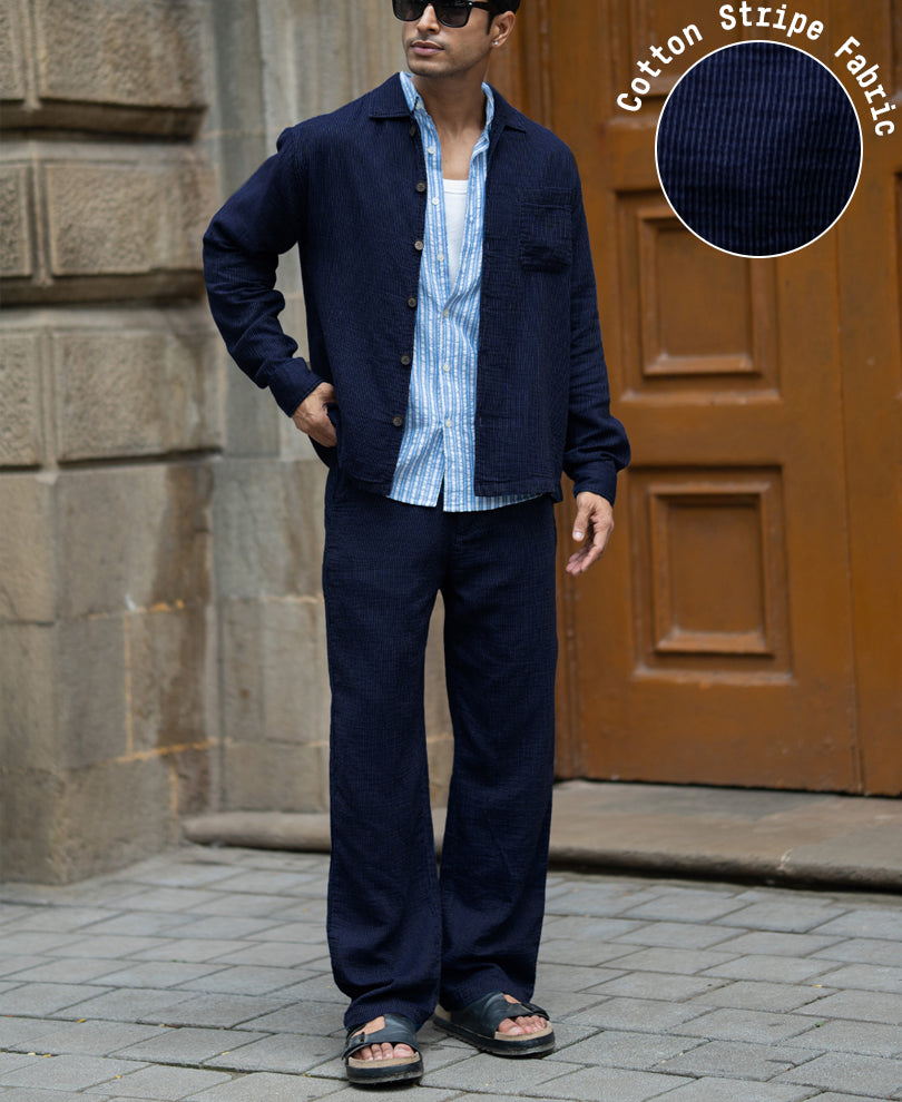 Navy Double Cloth Stripe Co-Ord Set 100% Cotton
