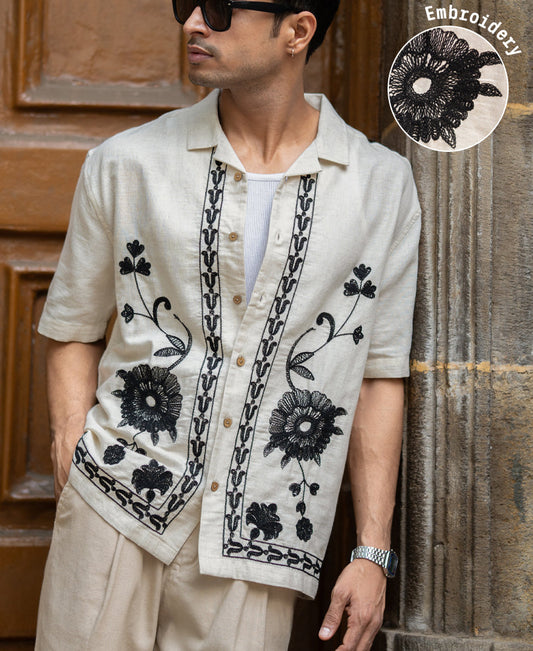 Natural Embroidery Linen Shirt 100% Cotton