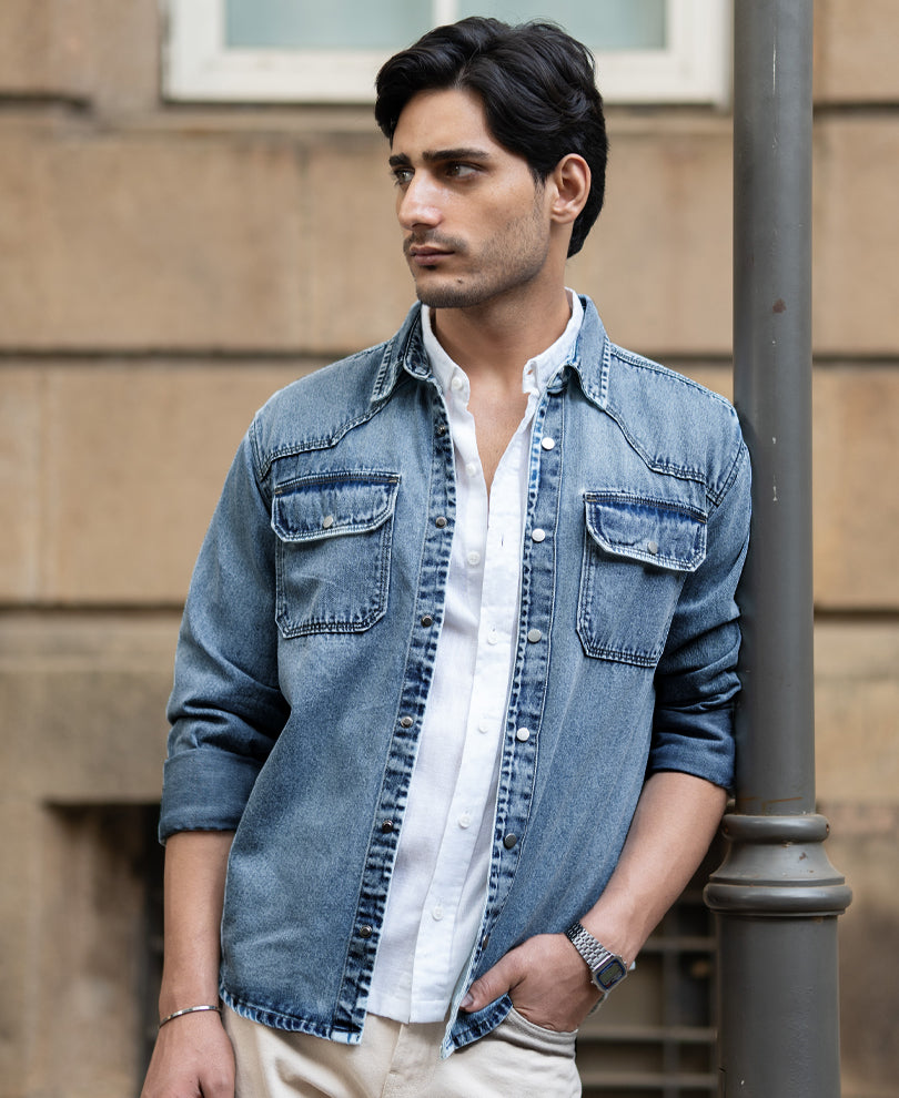 Mid Blue Denim Overshirt 100% Cotton