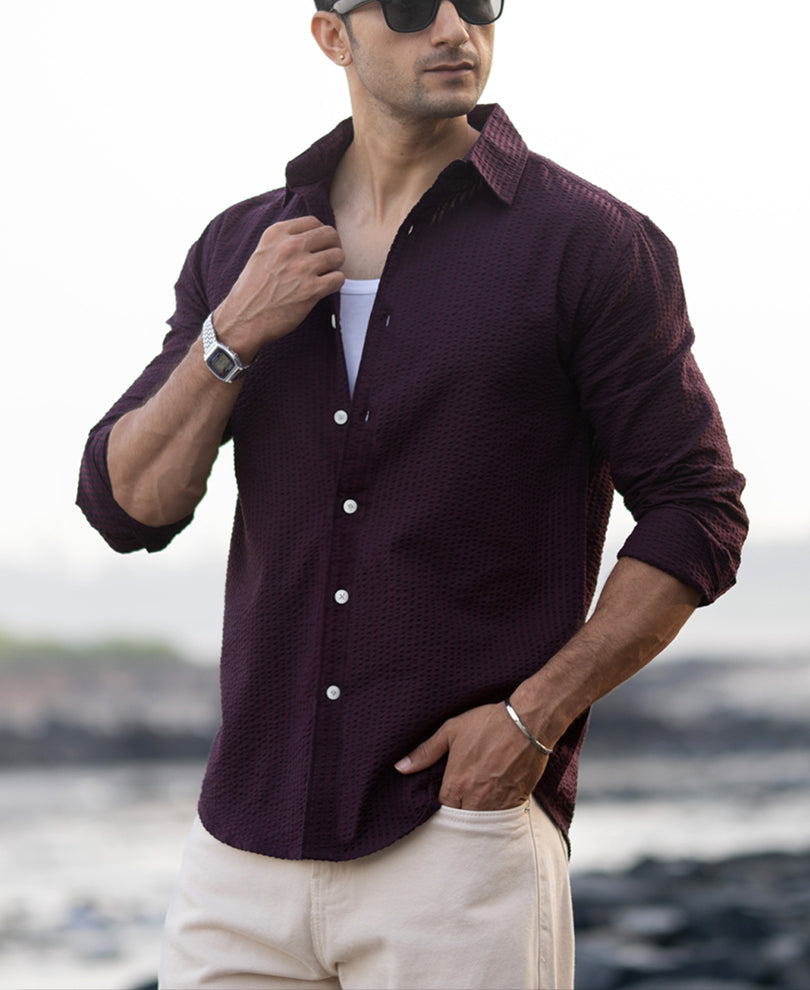 Wine Structured Striped Shirt 100% Cotton