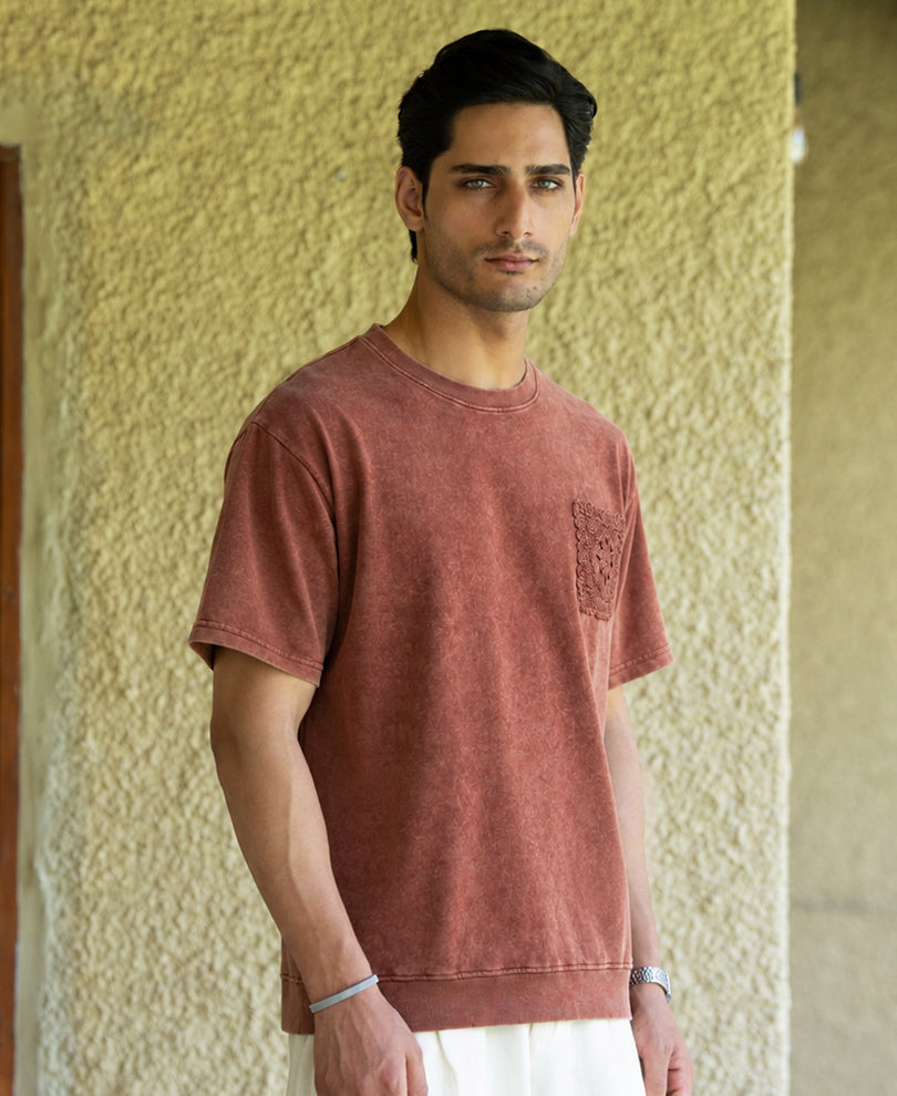 Brown Washed Crochet Patch T-Shirt