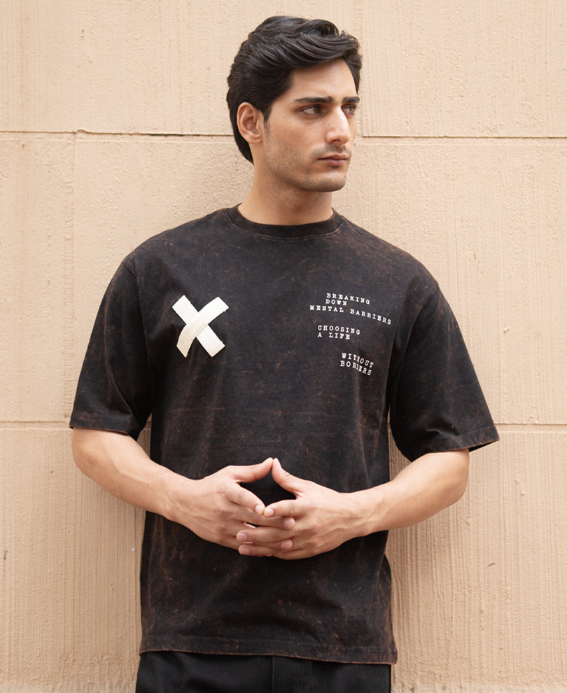 Dark Brown Washed Printed Oversized T-Shirt 100% Cotton