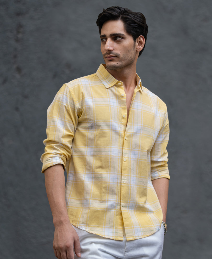 Yellow Lightweight Checks Shirt 100% Cotton