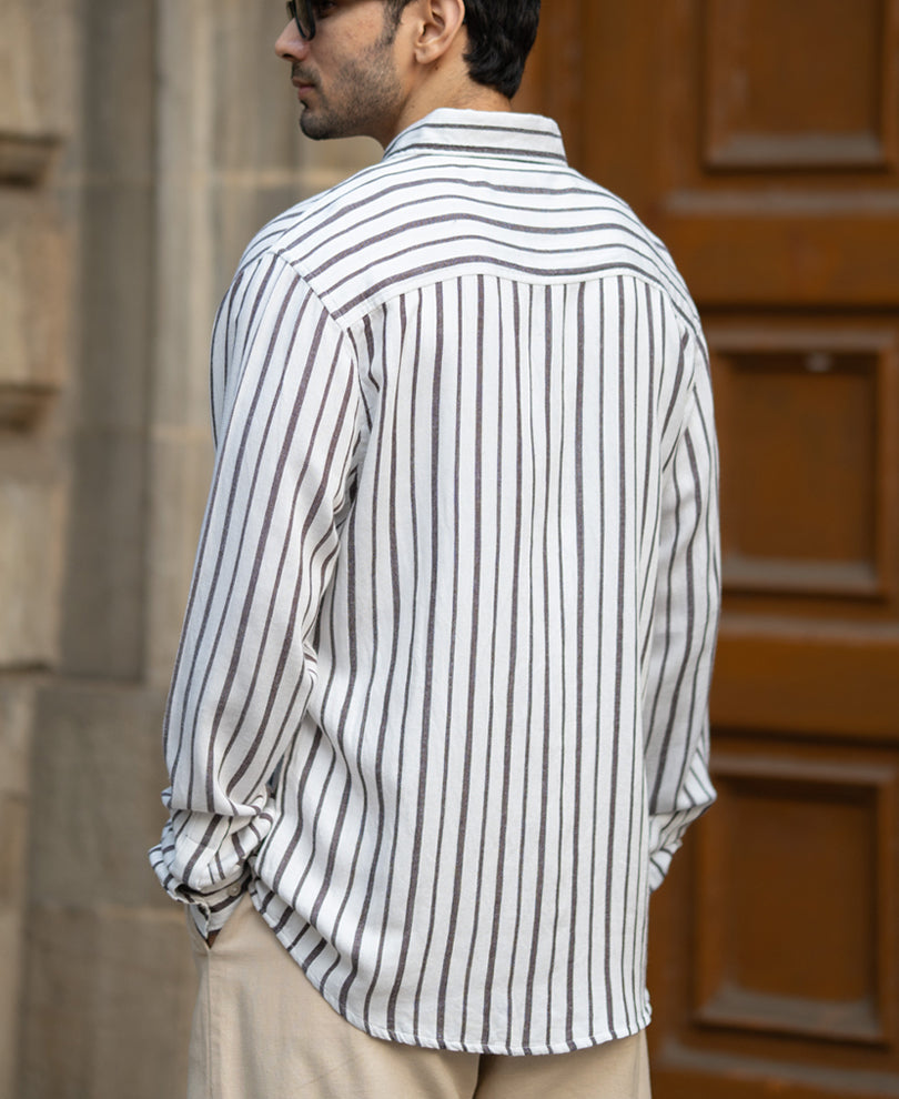 White Linen Blend Stripe Shirt