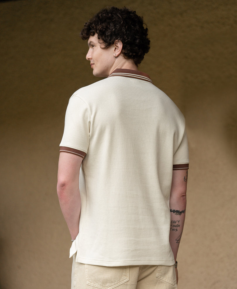 Cream Contrast Embroidery T-Shirt 100% Cotton