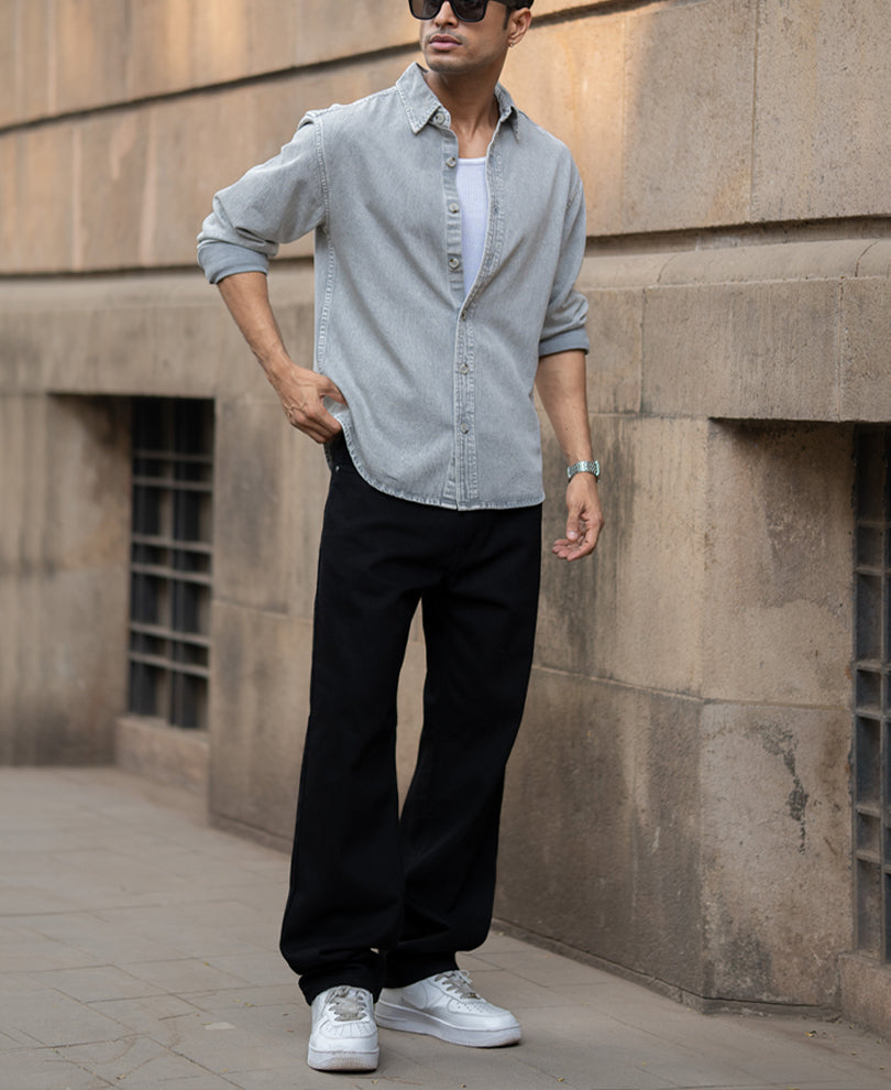 Grey Washed Denim Shirt 100% Cotton