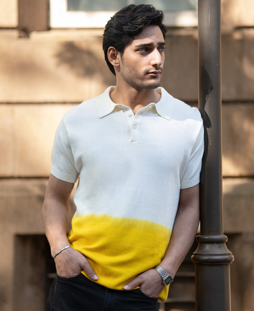 Yellow Ombre Knit Polo T-Shirt 100% Cotton